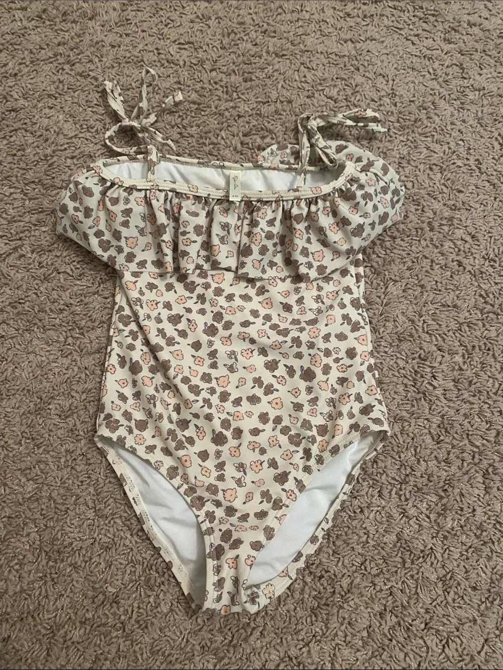 Girls Floral Ruffle One-Piece Swimsuit in Cream and Brown size 6-7